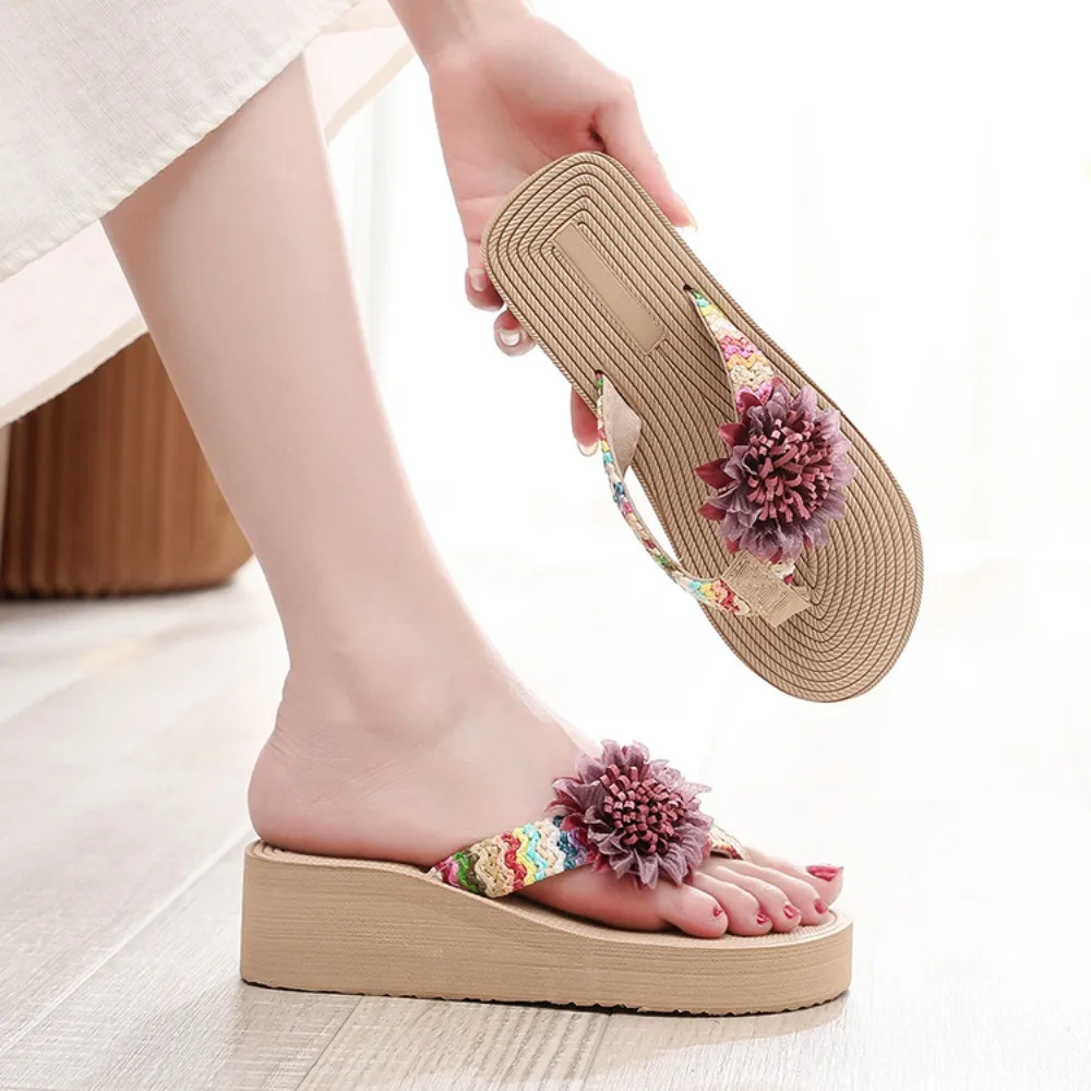 

Casual Holiday Flower Flip Flops Waterproof EVA Straw Plaited Sandals Non-Slip Shoes Vacation Beach Slippers Girls