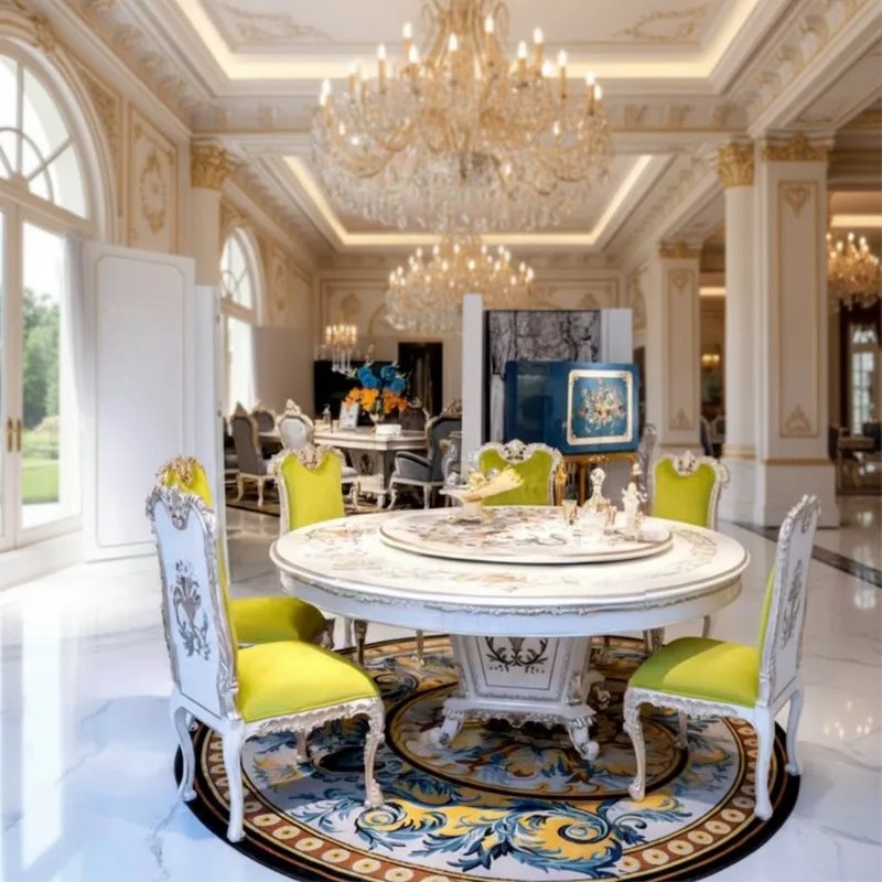 European-Style French-Royal Luxury Dining Table Set Solid Wood Carved Shell Parquet Art Modern Design White Large 8-People