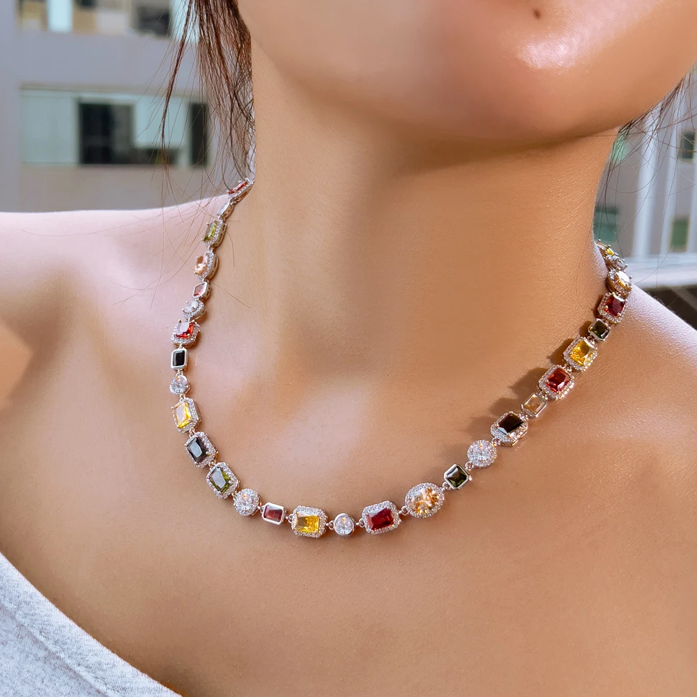 CWWZircons Vibrant Multi Color Cubic Zirconia Irregular Chain Necklace for Women Daily Party Engagement Jewelry Accessory DZ0097