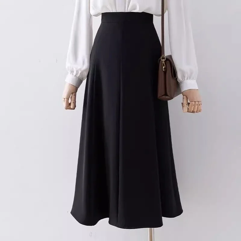 Korean Style A-line Skirts Women Office Ladies Mature Female Autumn Simple Elegant Plain Leisure All-match Temperament Stylish