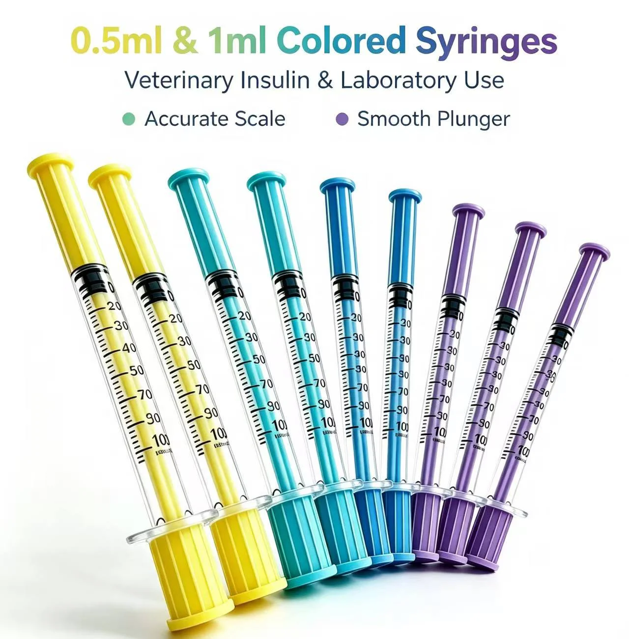 1Ml/0.5Ml Multi-Colored Syringes, Specifications 31G6Mm and 8mm, for Laboratory Liquid Dispensing and Veterinary Injection