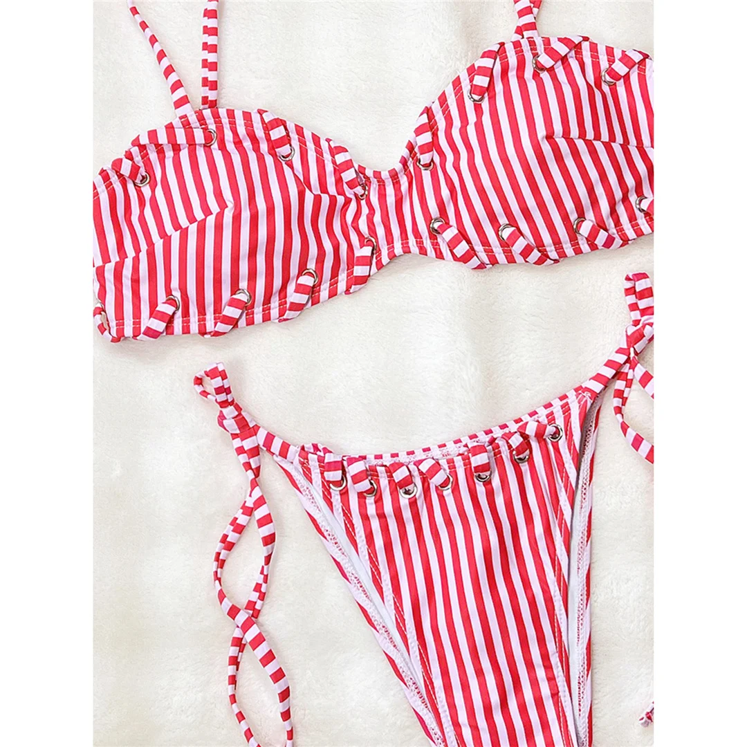 Gestreifter Bikini mit Trägern, Damen-Badebekleidung, zweiteiliges Bikini-Set, hoher Beinausschnitt, gepolsterter Badeanzug, Badebekleidung, Modell V8261. – Detail 6