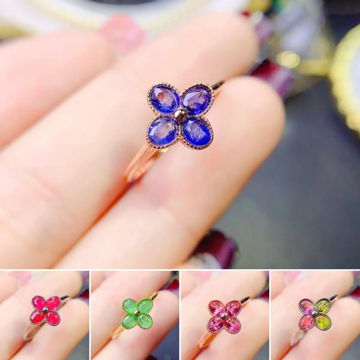 

FS 3*4 Natural Sapphire/Ruby/Emerald/Garnet Fashion Lucky Clover Ring for Women S925 Sterling Silver Fine Charm Jewelry New