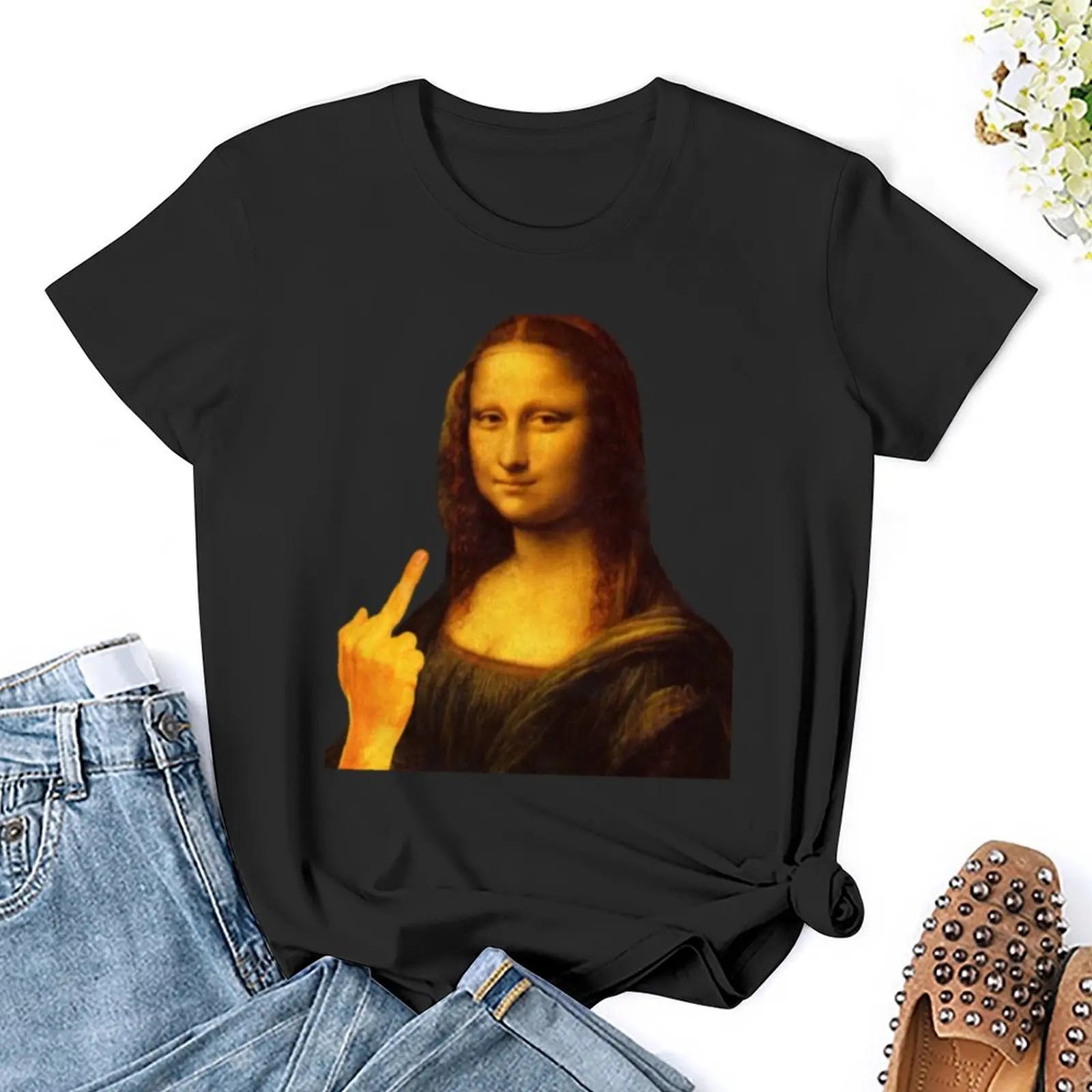 Mona Lisa-Autocollant de doigt du milieu pour femme, peinture drôle, T-shirt, vêtements vintage, t-shirts, robe graphique