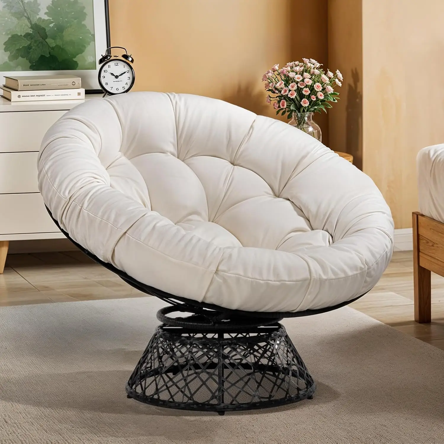 Oversized 360 °   Draaibare Papasan Patio Stoel met 6-inch dik kussen, handgeweven wicker eierenstoel voor binnen/buiten, balkon, achtertuin