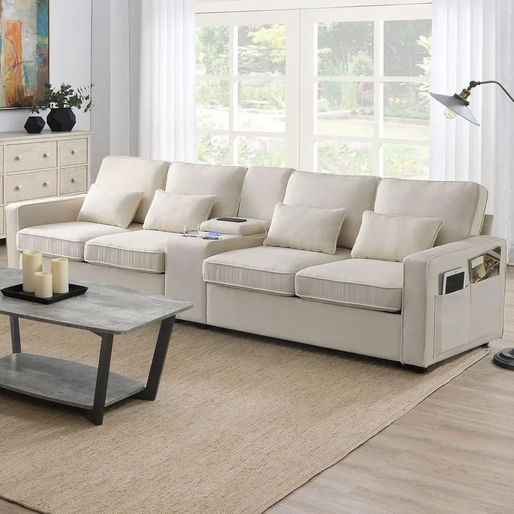 

Upholstered Sectional Sofa with Console, 2 Cup Holders and 2 USB Ports & Wirelessly Charged, Modern Linen Fabric 4-Seat