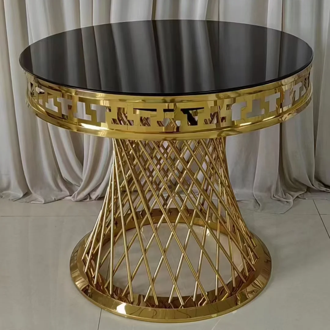 Factory Direct 2026 Hot Sale Gold Stainless Steel Base Cake Display Table Mirror Glass Plinth Stand Coffee Metal Luxury Wedding