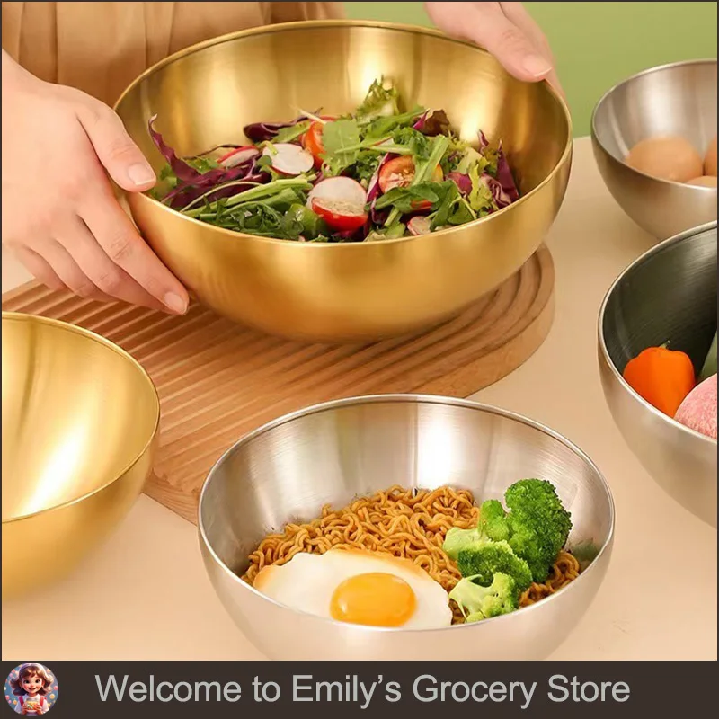 

Golden Silver Salad Bowls Large Capacity Stainless Steel Korean Soup Rice Noodle Ramen Bowl Tableware Food Container Utensils