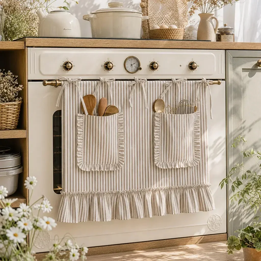 1Pc,Oven Curtain Stove Skirt Design with storage Pockets,Vertical Stripes Oven Skirt Ruffled Half Drapes for Kitchen,Cafe Decor