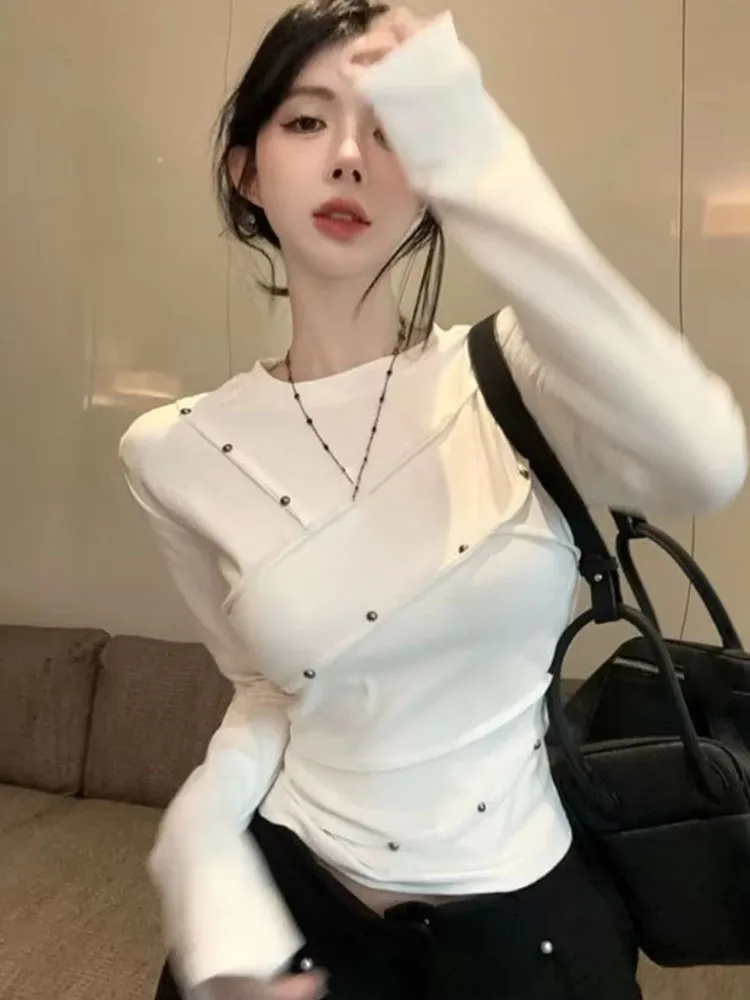Studded Long Sleeved T-shirt Women's Cropped Pad Shoulder Solid Chic Spicy Innerwear Trendy Ultra Soft Innerwear
