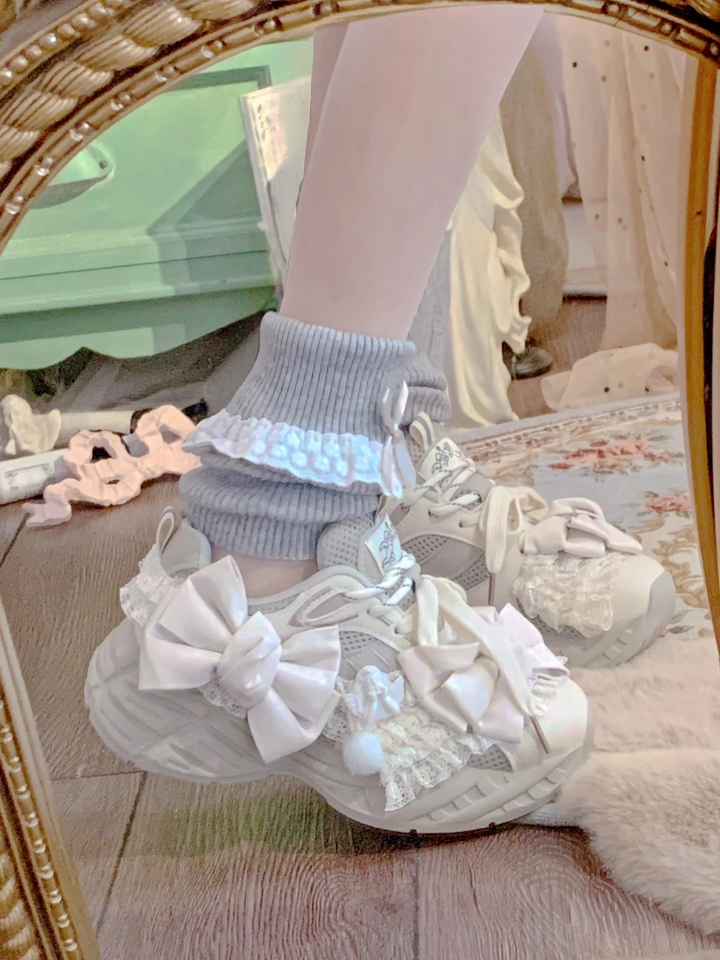 

Japanese Original Kawaii Bow Lace Casual Shoes Lolita Sweet Height Increase 4cm Single Shoes Autumn Winter Platform Sports Shoes