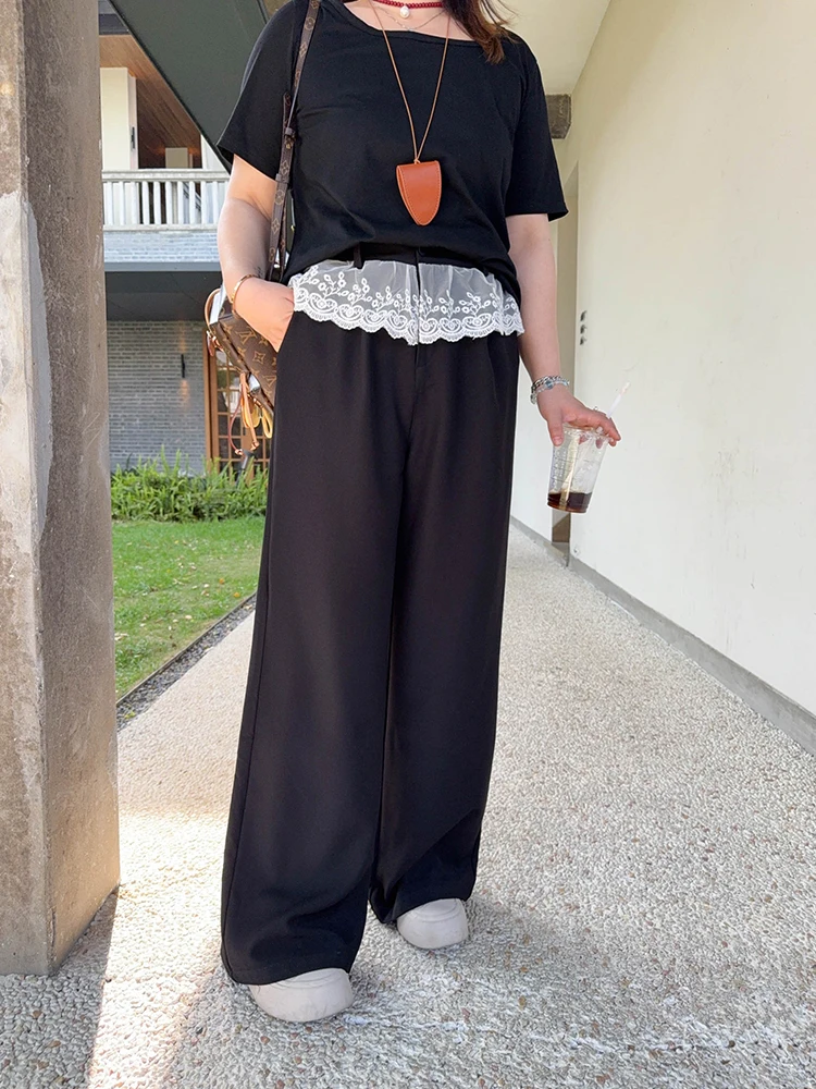 

Брюки VOGANA с высокой талией, кружевными вставками, прямого кроя, больших размеров, женские, для офиса, летние, стройнящие, скрывающие бедра