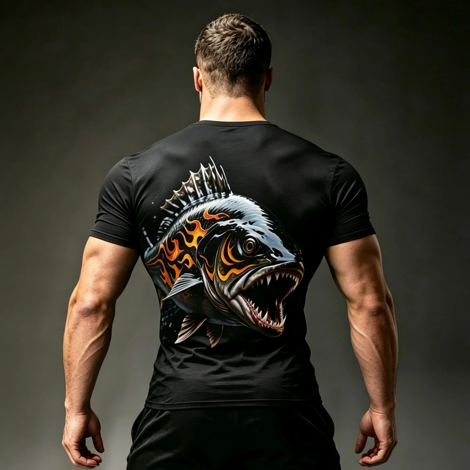 Outdoor Fishing Men Short Sleeve T-shirt Aggressive Predator Fish Print Casual Sports Daily Tops