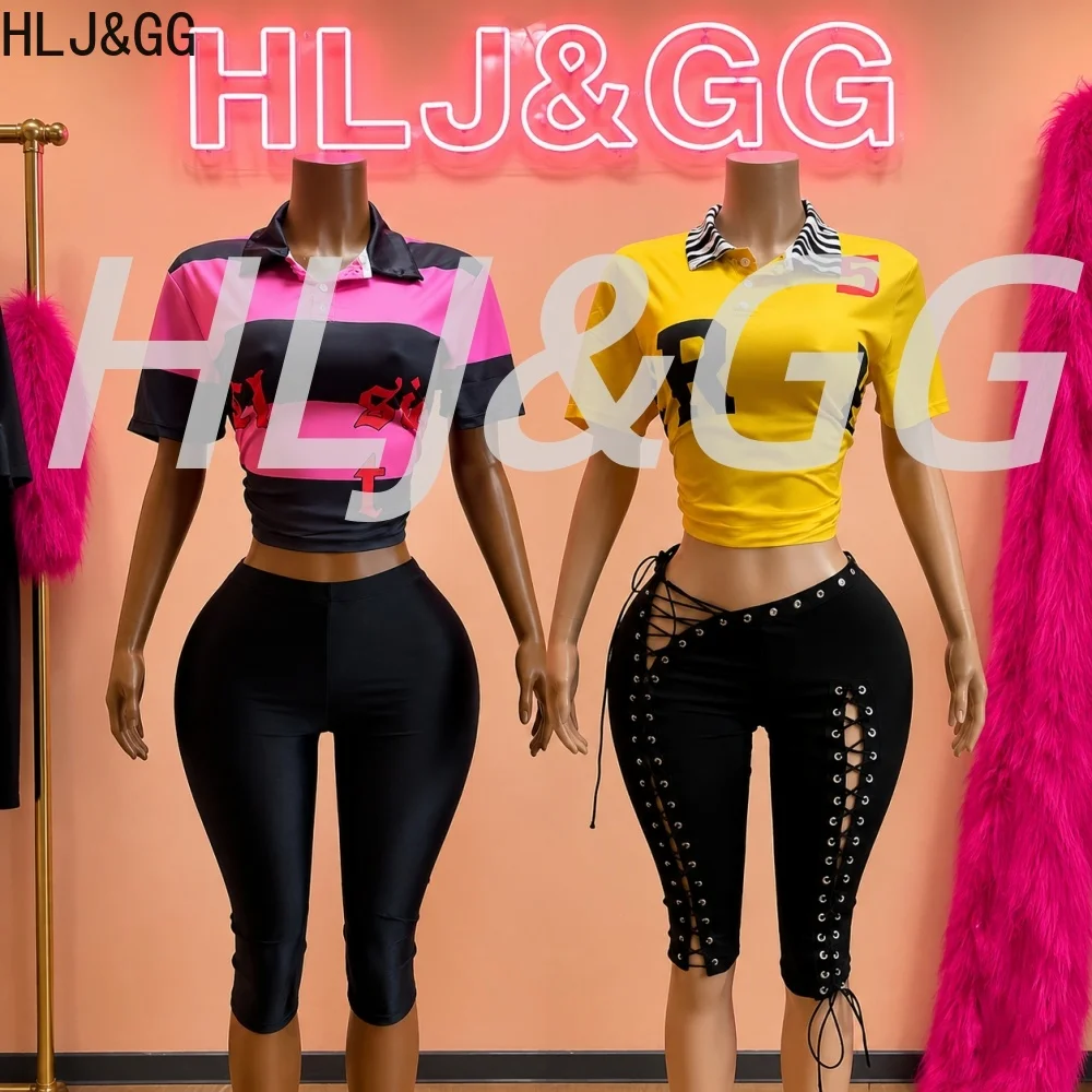 HLJ&GG Retro Stripes Letter Print Polo Shirts Two Piece Sets Women Short Sleeve Tops And Hollow Bandage Shorts Outfit Streetwear