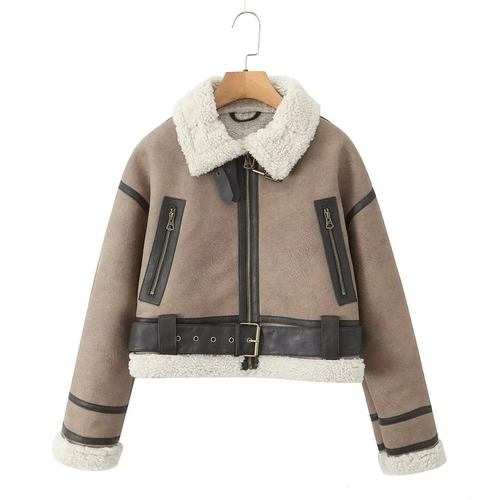 

Rarf 2025 новая женская модная толстая теплая куртка из искусственной овчины, винтажное пальто с длинным рукавом и поясом, женская верхняя одежда