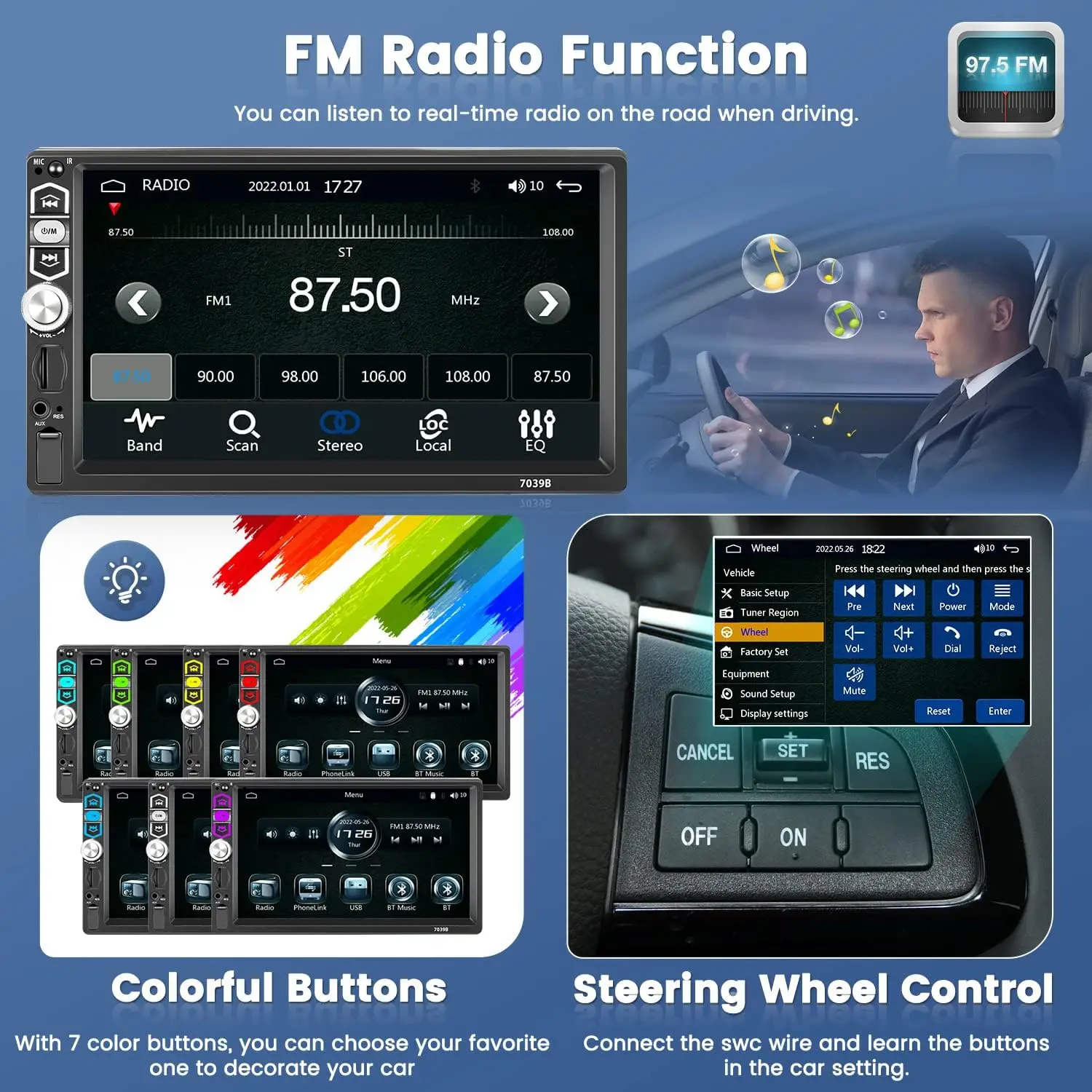 Radio à écran tactile CarPlay Android Auto simple Din de 7 pouces avec Bluetooth 5.1, FM, USB, AUX, TF, SD, SWC, EQ, rétro-éclairage, télécommande, P