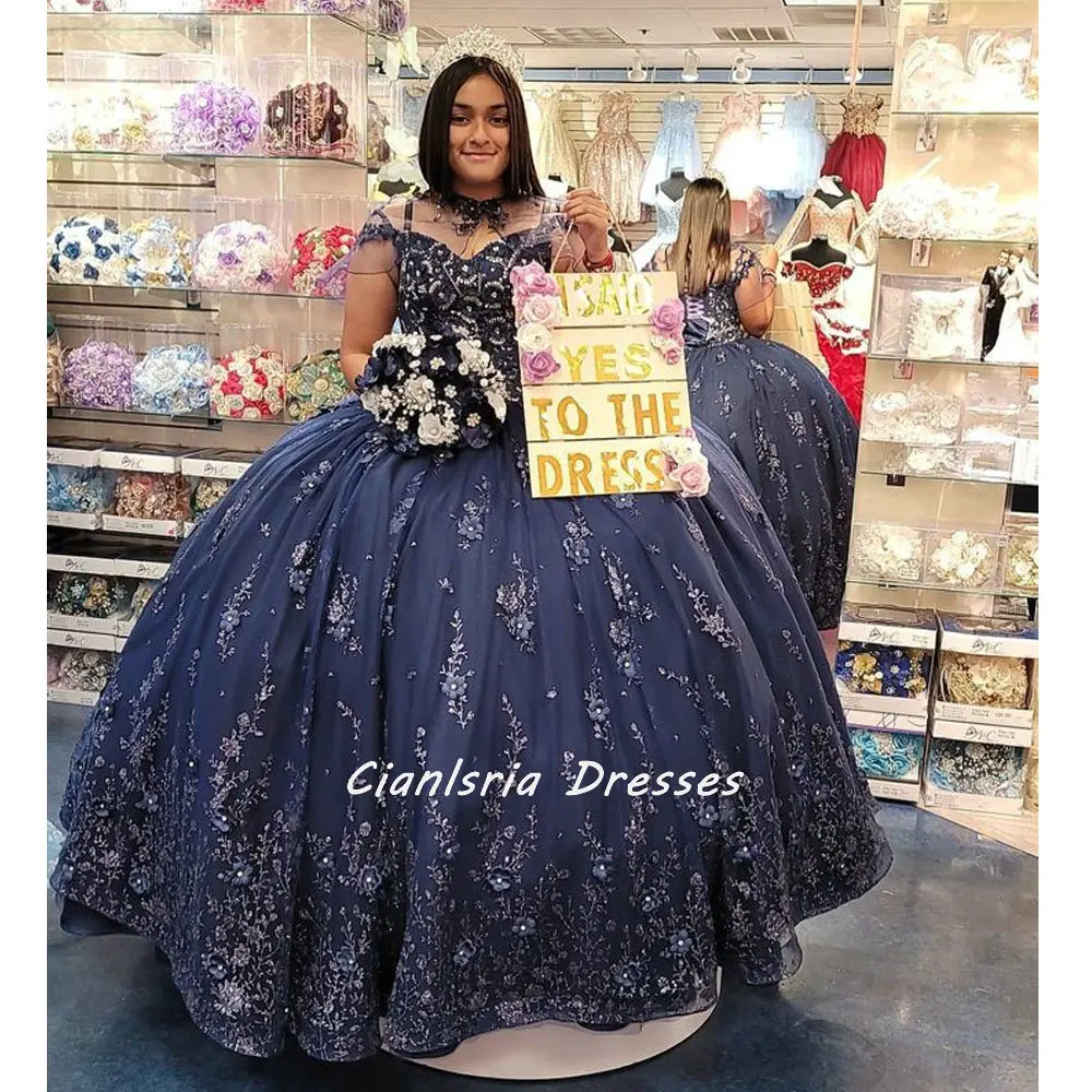 

Темно-синий корсет с 3D цветами, мексиканское платье Quinceanera, бальное платье с открытыми плечами, аппликации из бисера, кружево, Vestidos De XV Anos