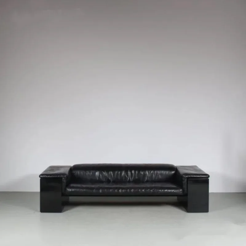 Medieval Minimalist Black Microfiber Leather 1980s American Brigadier Model Straight Row Sofa