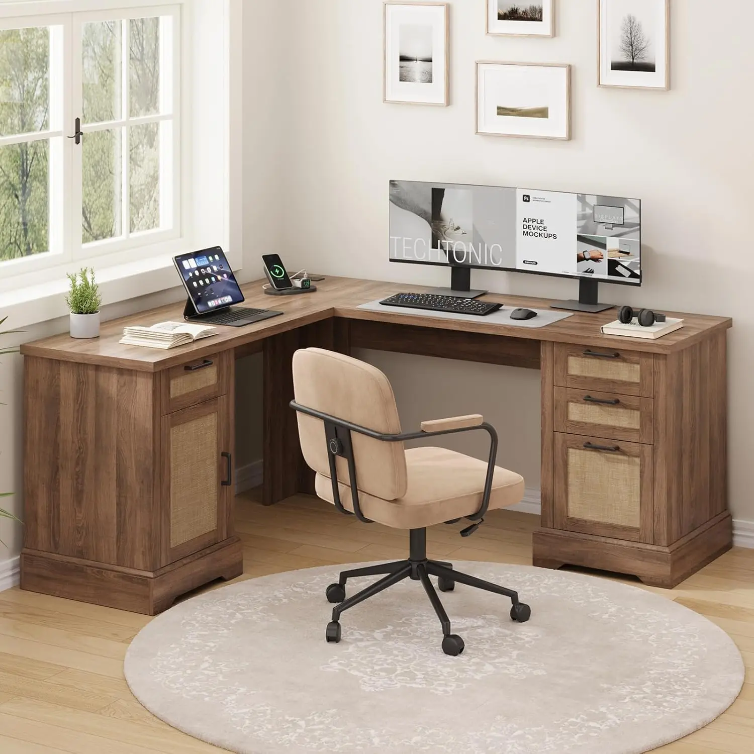 

59" Farmhouse L Shaped Desk with 3 Drawers & Storage, Corner Computer Desk with Power Outlets, Large Desk for Home Office/Study