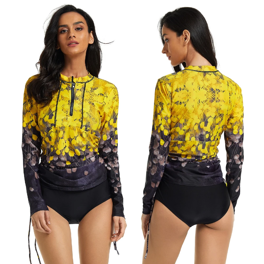 

Yellow 2022 Stylish Beach Wear Swimsuit High Cut Long Sleeve Rush Guard Zipper Women's UV Protection Shirt Bathing Surf Wetsuit