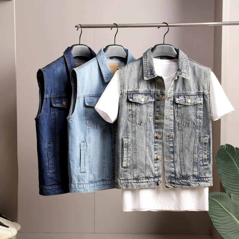 

Retro Waed Denim Motorcycle Collar Vest Men's Faion Spring Autumn Island High Street Stand Fit Casual Urban Sle