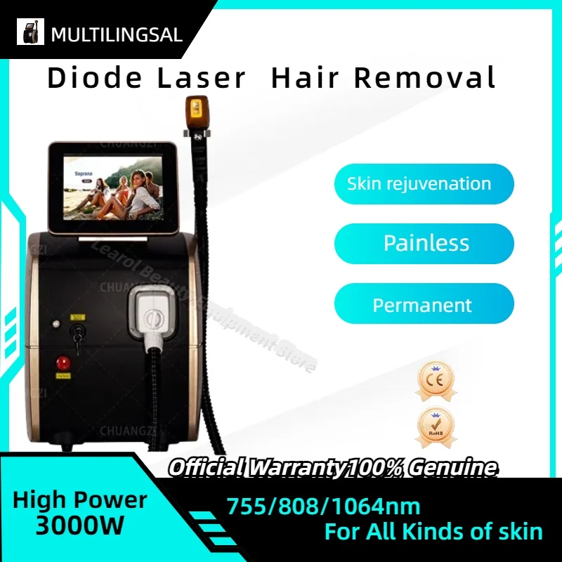 Portátil 808 3Wave Diod Laser, remoção permanente do cabelo, depilação rápida, livre de dor, folículo penetração, dispositivo de rejuvenescimento da pele