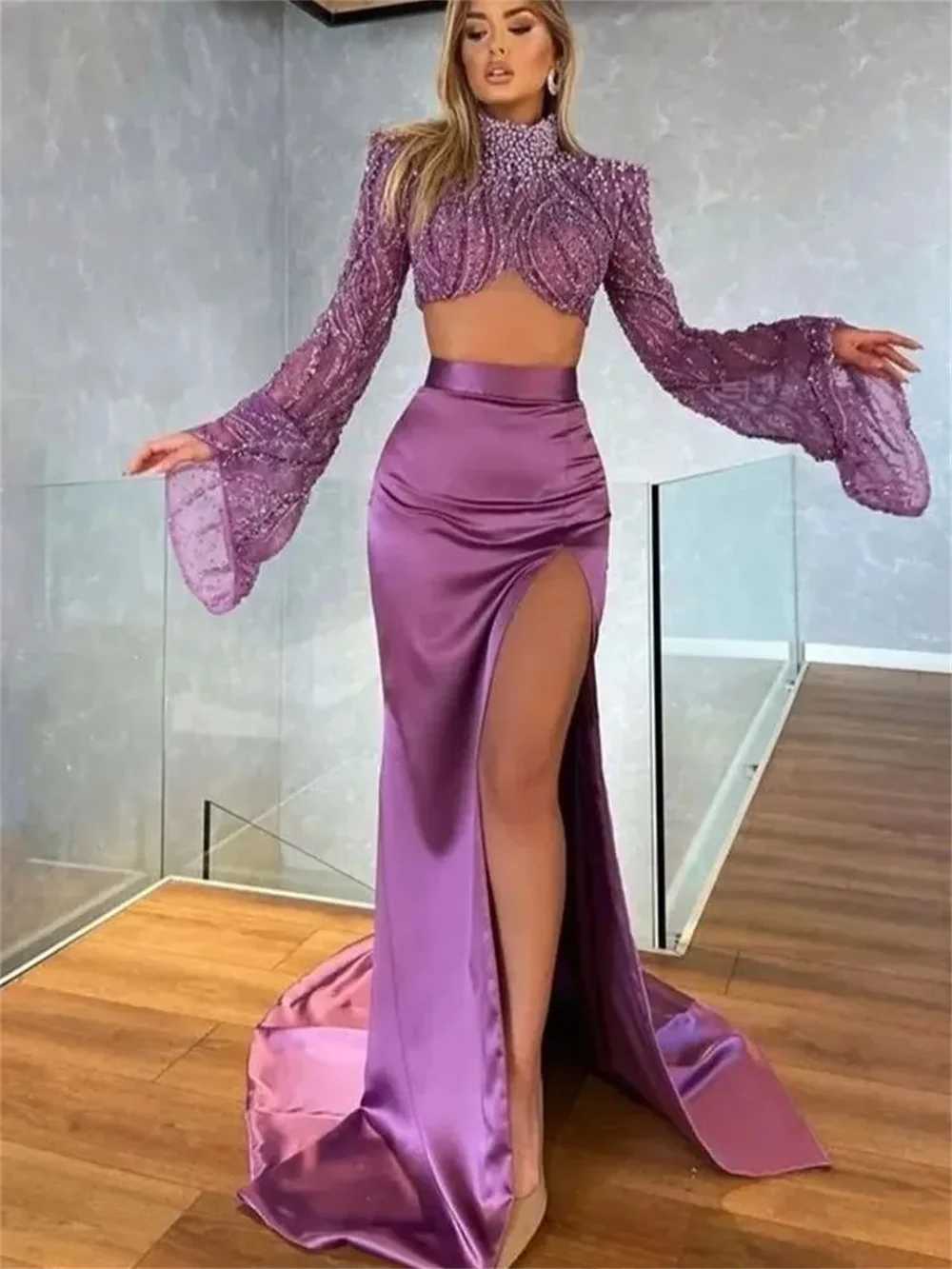 2 Piece Set Prom Dresses Sexy Lace Beaded With Flared Long Sleeve Evening High Split Women's Party Mermaid Dresses Floor Length