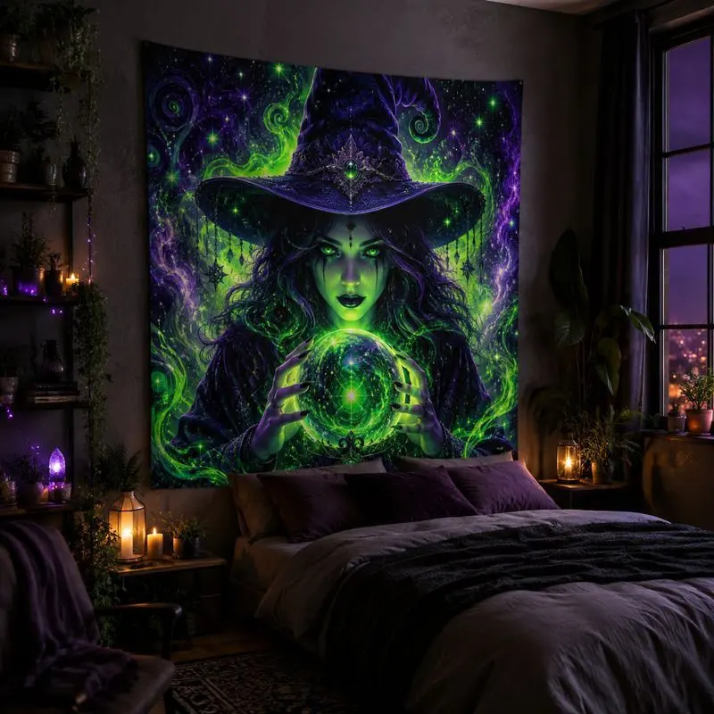 VIKAMA Green Witch Crystal Ball Tapestry Wall Hanging Purple Nebula Dark Fantasy Gothic Aesthetic Wall Art Bedroom Dorm Decor