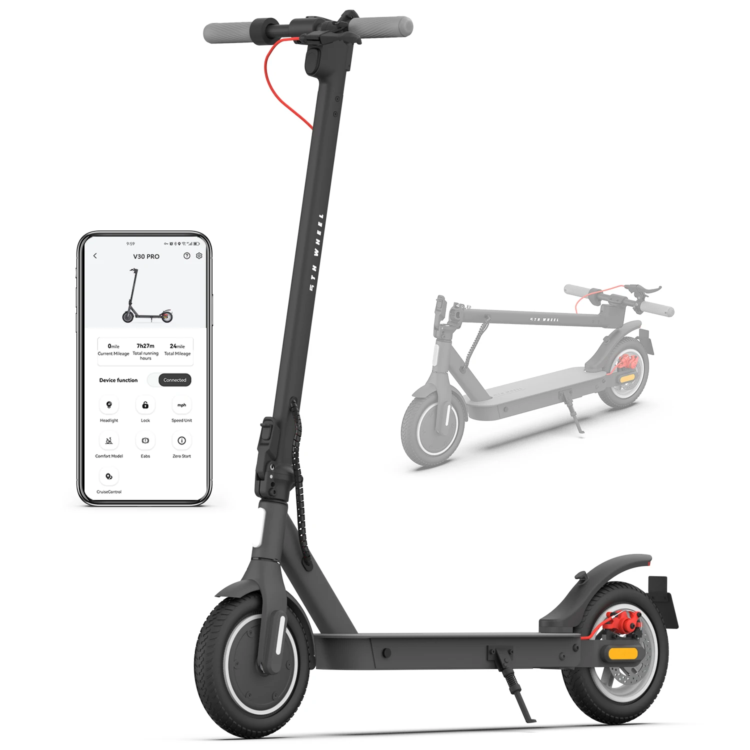 Image of 5TH WHEEL Urbaner Elektroroller, App-verbundenes LED-Dashboard, 500W Spitzenmotor, 25 km/h, 32-35 km Reichweite, Doppelscheibenbremse, 10" Wabenreifen, Elektroroller für Erwachsene.