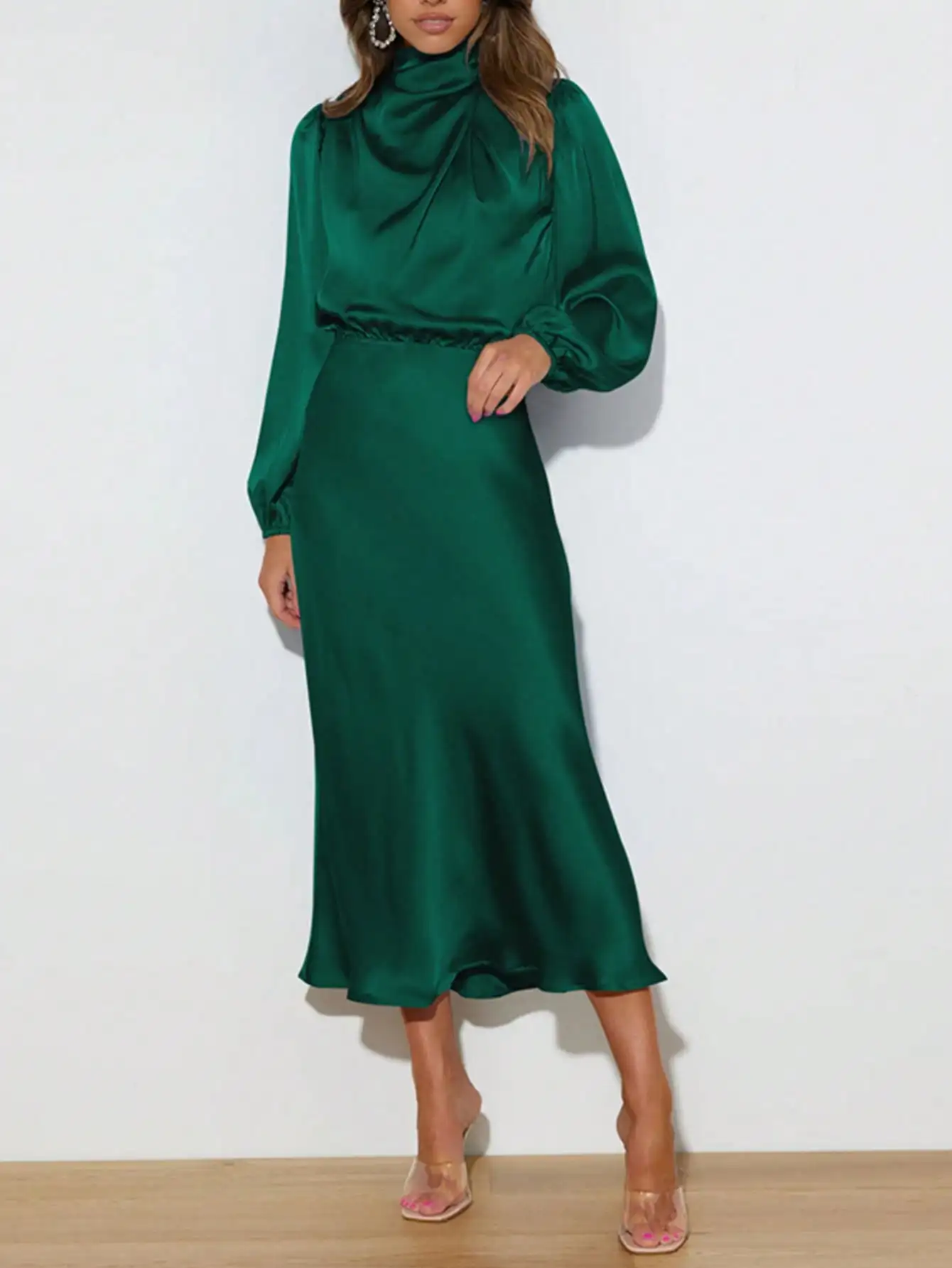 

Satin Long Sleeve High Neck Ruched Asymmetrical Elegant Formal Dress, Suitable For Cocktail Party, Bridesmaid