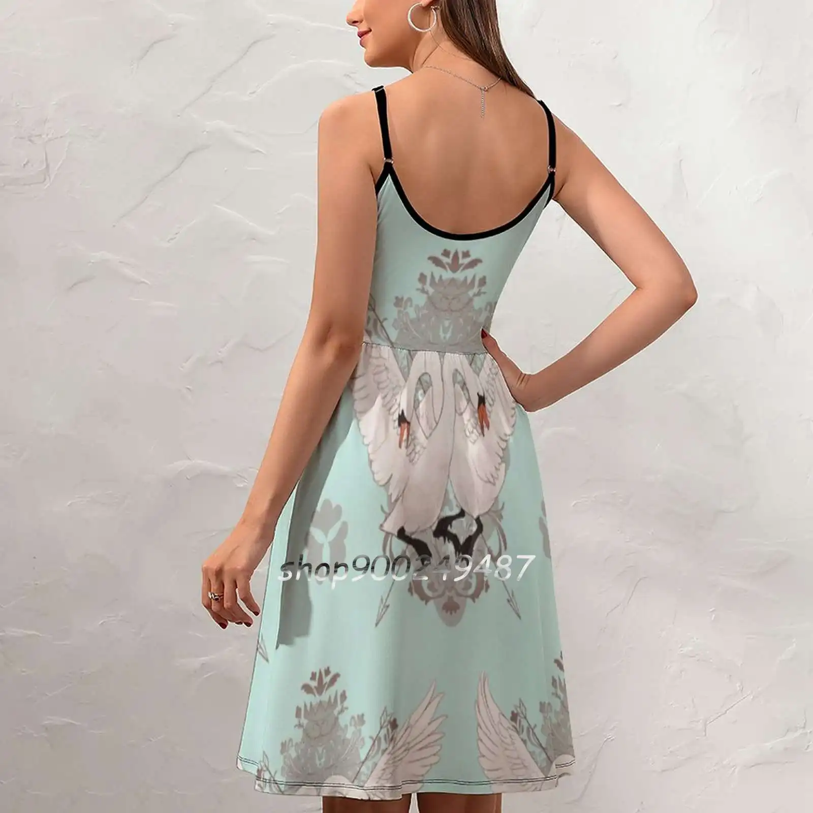 Warring Swans Sweet Summer Casual Sling Dresses Korean Women Sexy Sundress Swan Animal Elegant Pattern Swirls Bird Birds Swans