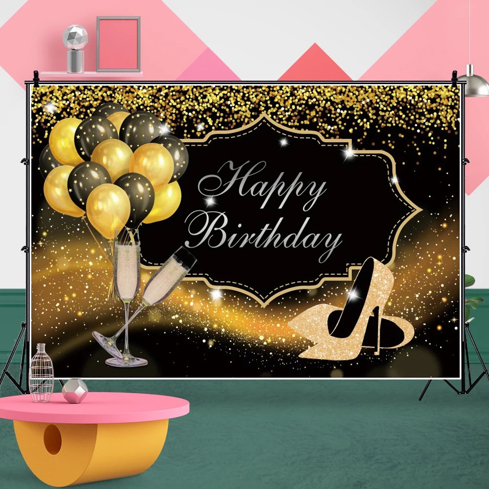 Bajeczne urodziny kobiet wysoki obcas fotografia tło złote kropki balony wystrój rodzina strona portret Photocall tło