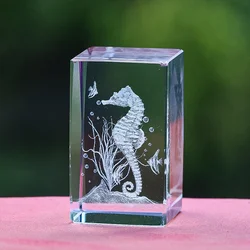 3D Laser Engraving Crystal Cube Seahorse Inside Sculpture Marine Animals Ornament Paperweight Creative Glass Crafts Home Decor