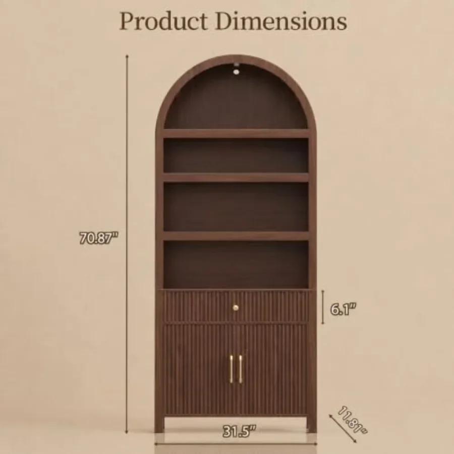 Book Shelf 70 Tall Bookcase with Drawer, 7-Tier Arched Cabinet for Office Living Room Bedroom Library Walnut, Fluted Door, Mid-