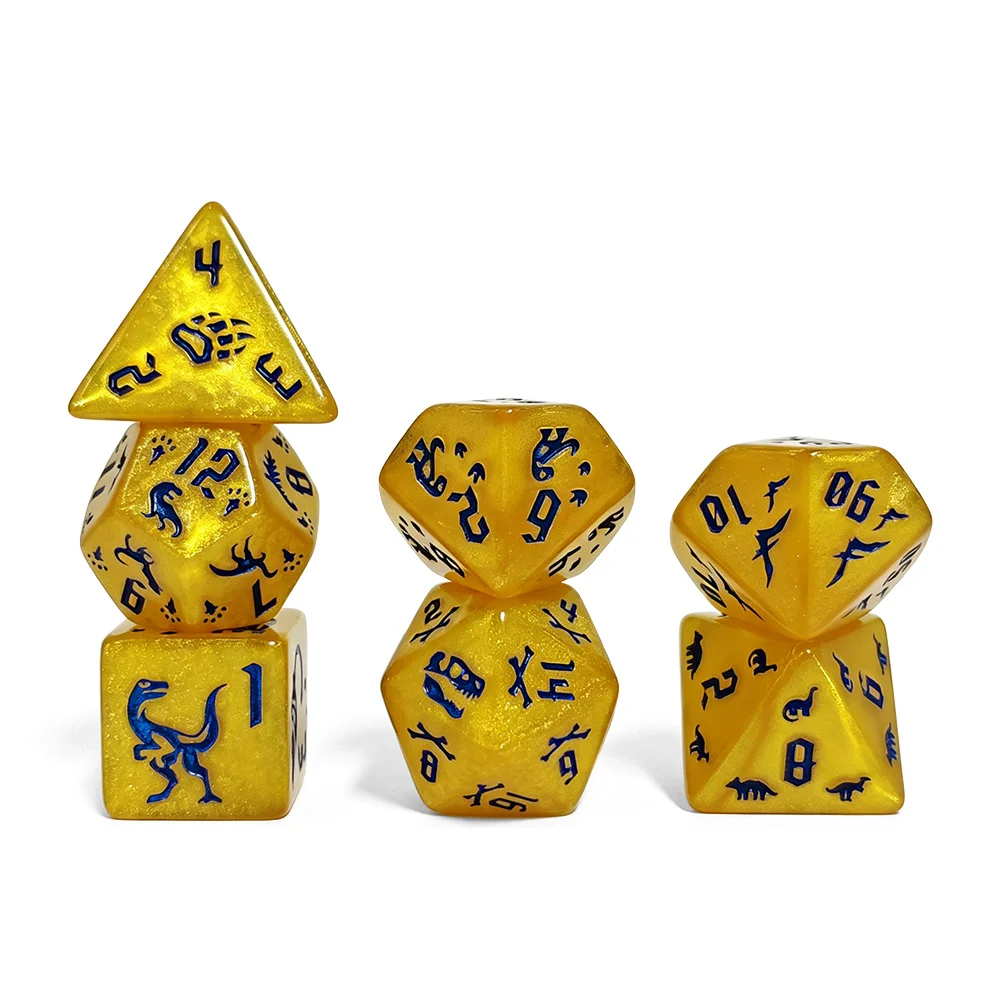 Jurassic Gold Dinosaur Dice Set, 7Pcs Yellow Engraved DND Dice with Blue Ink for Prehistoric Dinosaur TTRPG & Role Playing view 4