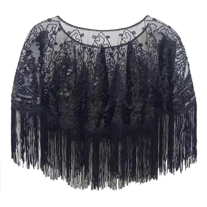 Women's Shiny Sequins Lace Mesh Pashmina Female Spring Summer Vintage Performance Sunscreen Shawl Cloak Collar R2647