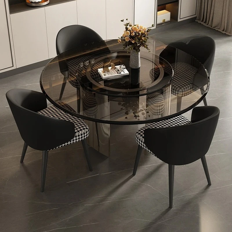 Tempered glass dining table  household small apartment dining table round stainless steel dining table and chair combination