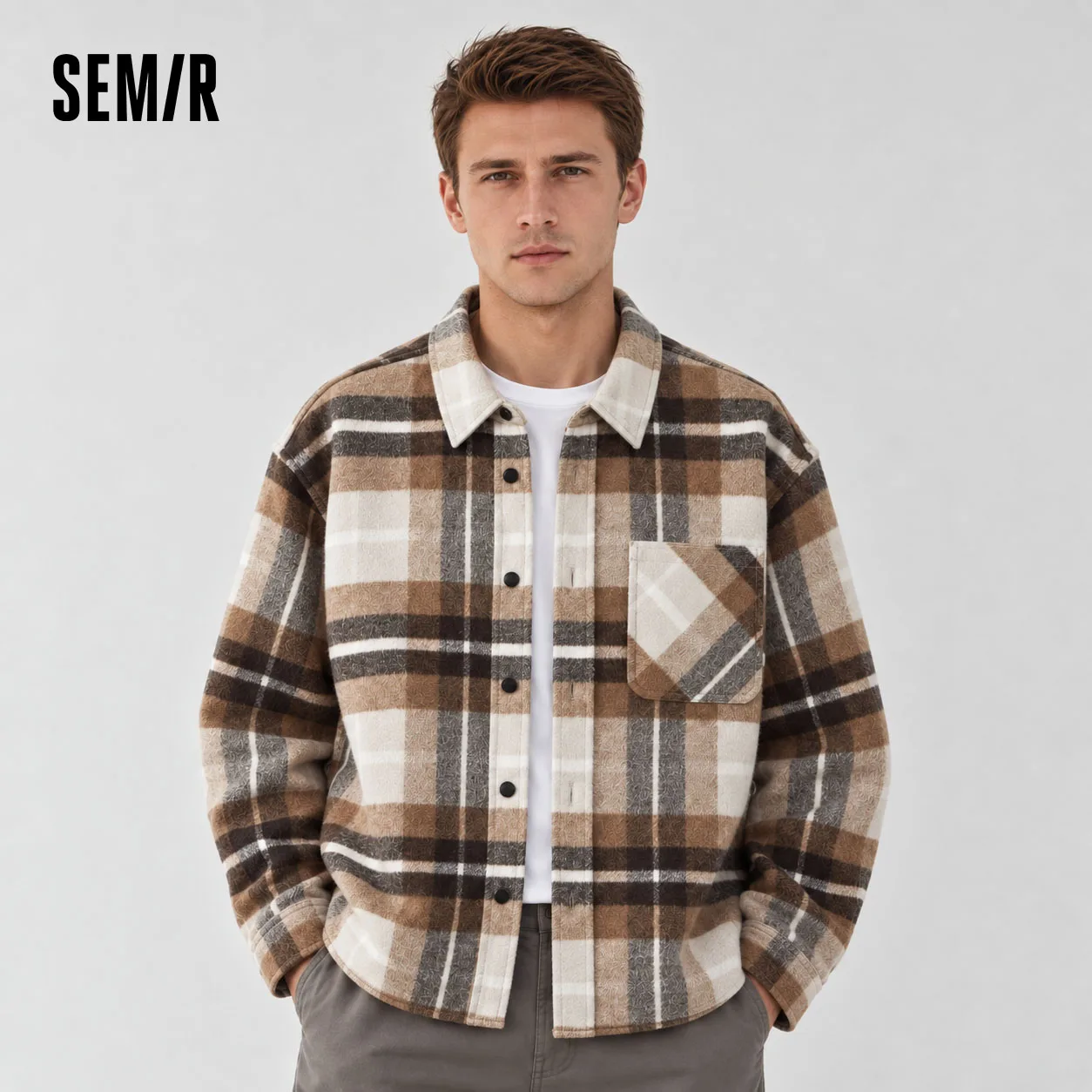 Semir Men Winter Shirt Color Block Vintage Style Loose Fit Turn Down Collar 2026 New Winter Daily Wear Urban Casual Style