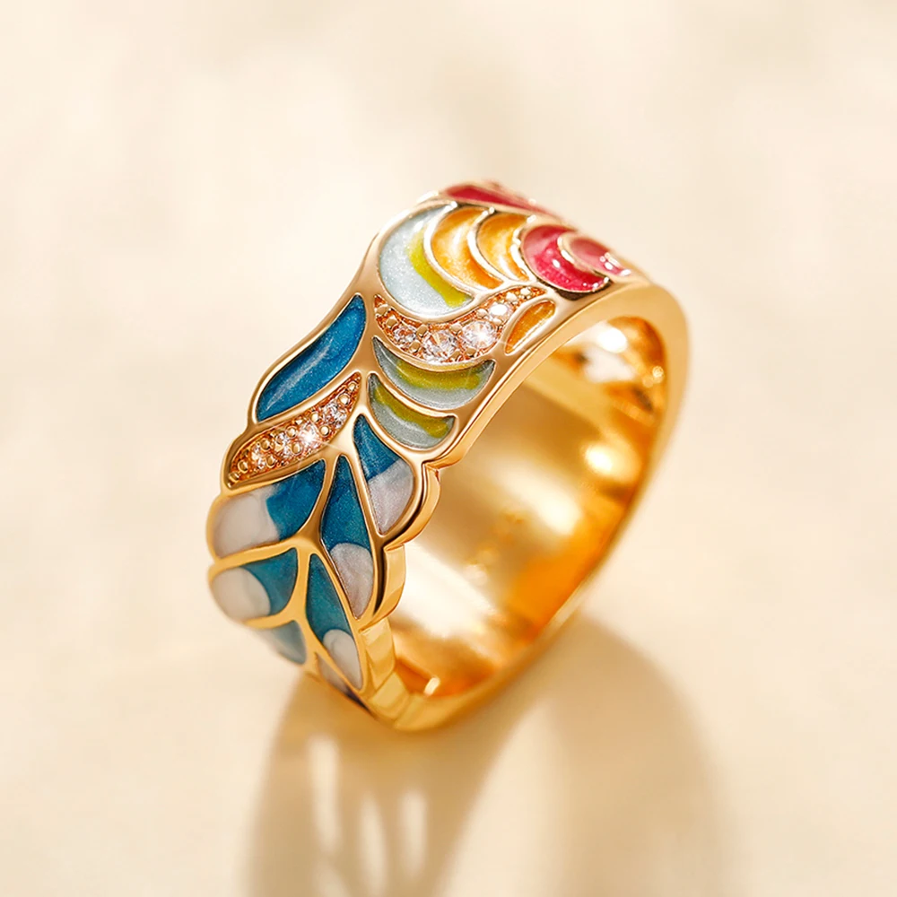 Huitan Handmade Enamel Ring for Women Colorful Feather Pattern Gold Color Cubic Zirconia Ring Romantic Bridal Wedding Jewelry