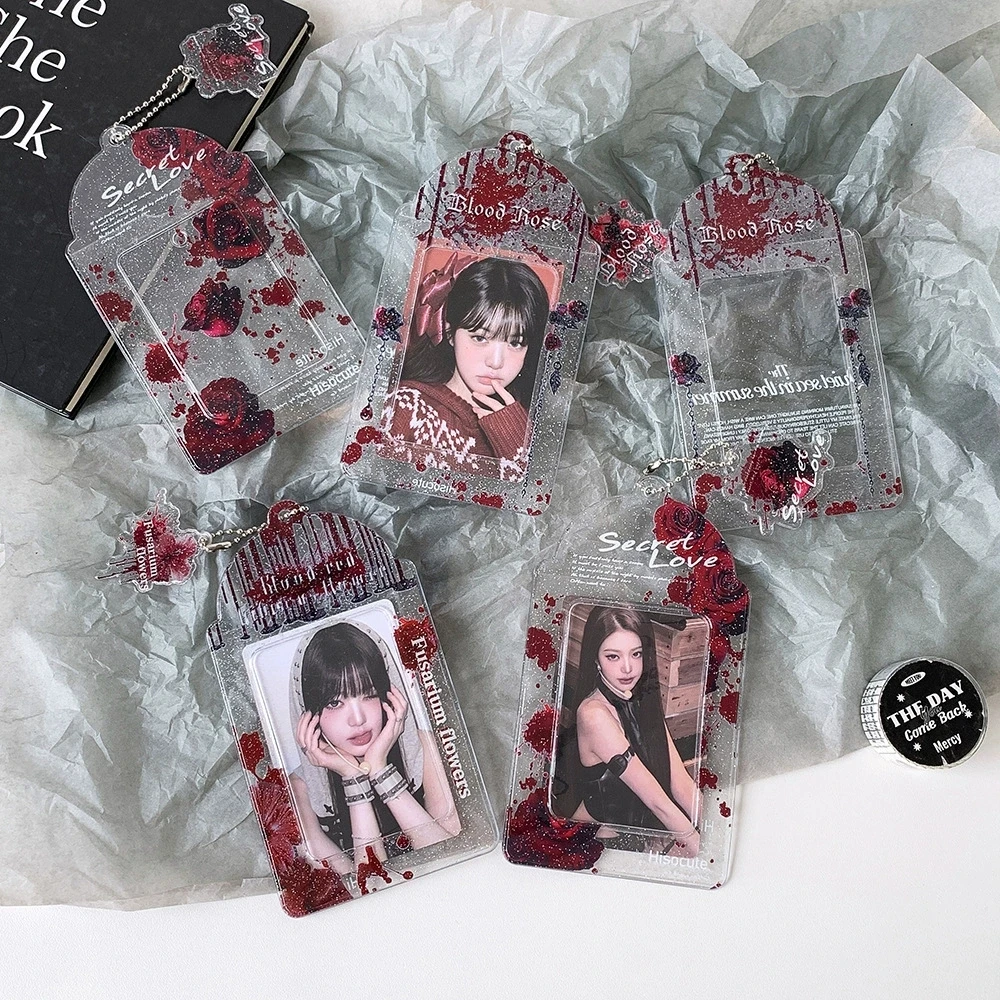 Glitter Jelly Color Photocard Holder White Keychain Photo Card Holders 2.6x3.8 Inch Red Rose Holder Bus ID Bank Card Holder