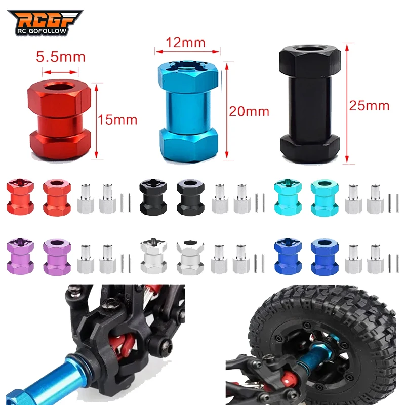 

RCGOFOLLOW Aluminum 12mm Hex Wheel Hub Drive Adaptor 15/20/25mm Extension Combiner Coupler for 1/10 RC Crawler Axial SCX10 D90