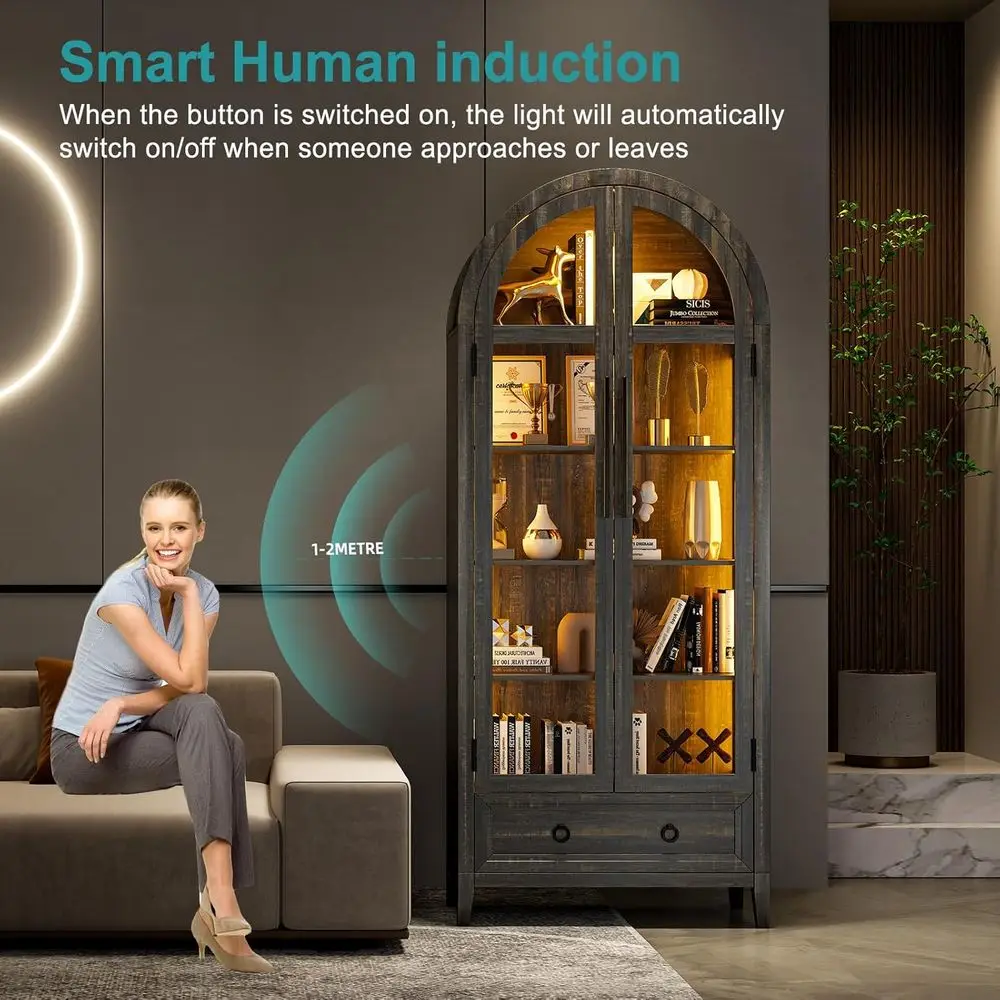 73 Arched Glass Display Cabinet with 4-Tier, Human Body Sensor, LED Lights for Collectibles, Adjustable Shelves, Brown view 4