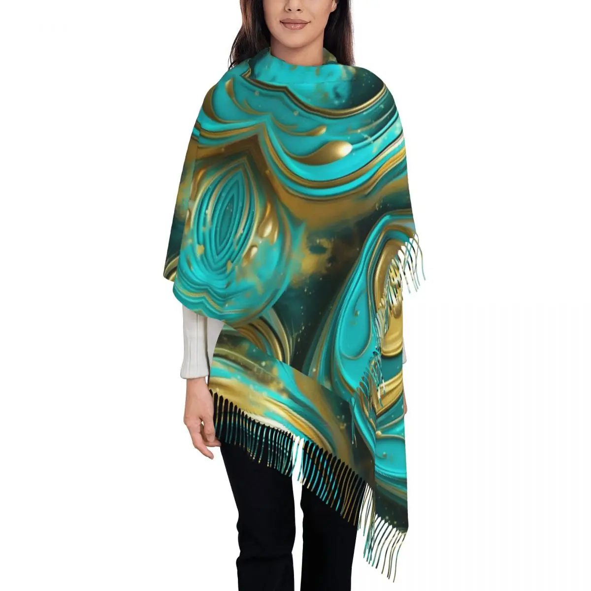 Stylish Teal Blue And Gold Hues Marble Agate Scarf Tassel Scarves Women Soft Warm Shawls and Wraps Large Fall Winter Shawl Wrap