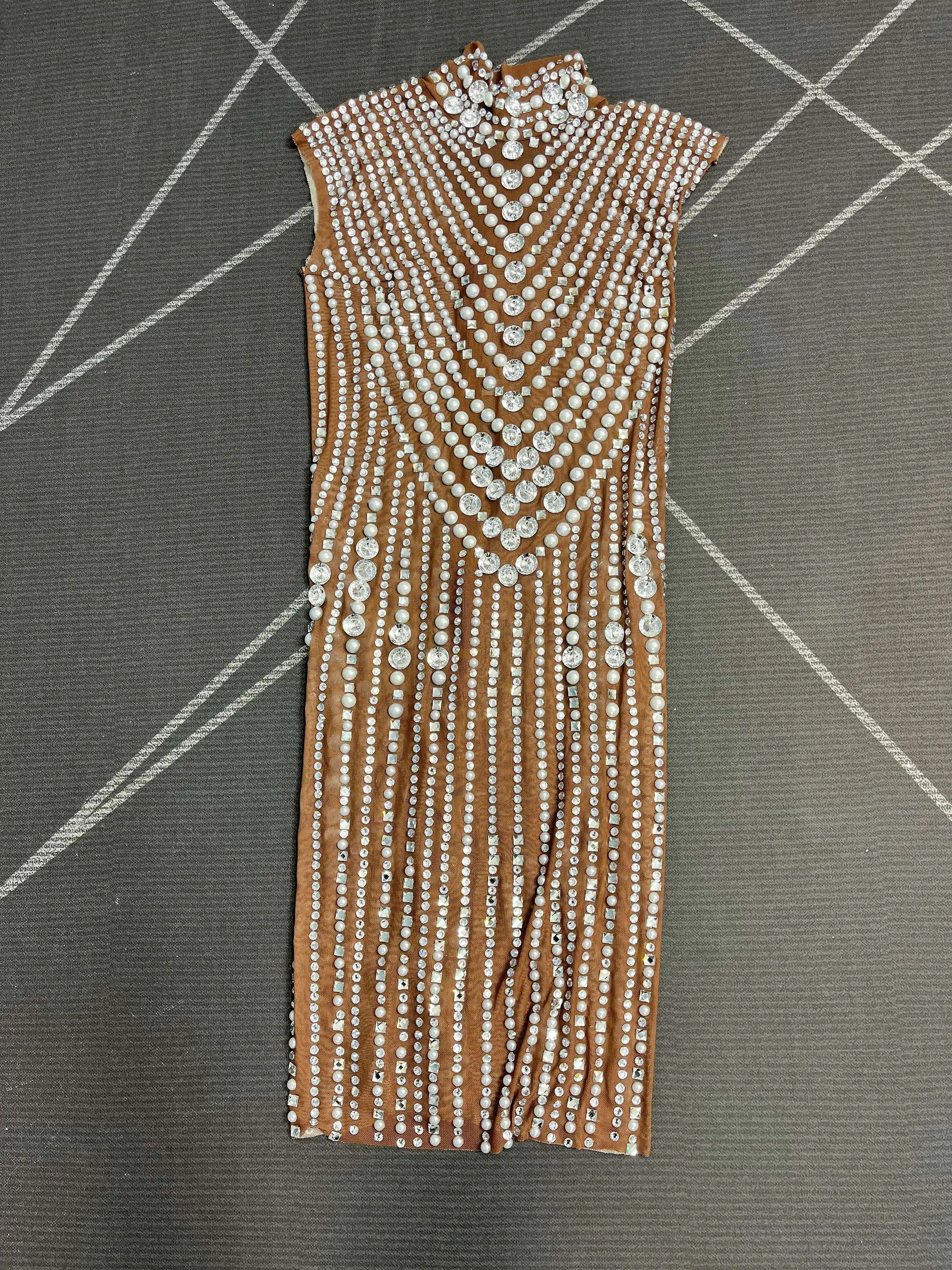 Nobleness Glänzende Perlen Strass Sexy Nude Mesh Trim fit Kleid Cocktail Party Abend Outfit Modenschau Kostüm Zhenzhuwang
