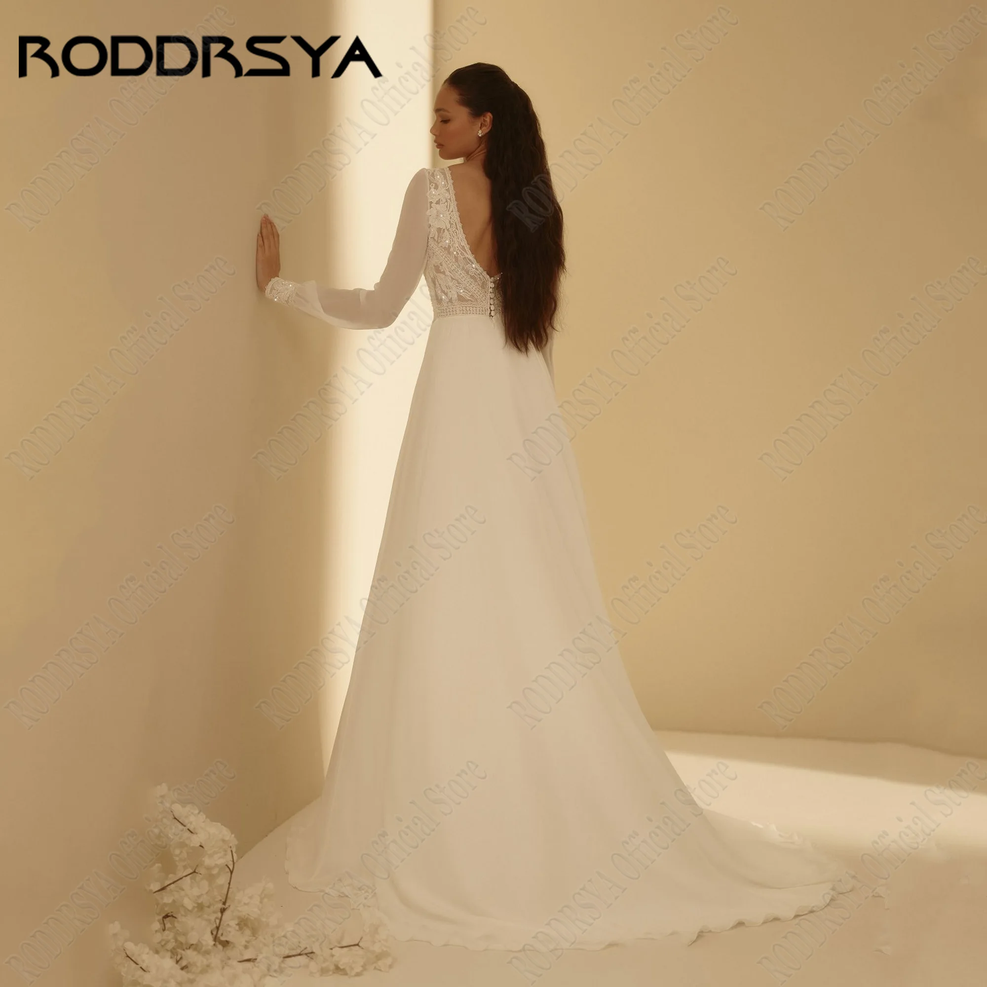 RODDRSYA O-hals pofmouwen trouwjurk voor vrouw chiffon A-lijn rugloze elegante applique bruidsjurk Vestidos De Novias 2024RODDRSYA O-hals Puff Mouwen Bruidsjurk Voor Vrouw Chiffon A-Lijn Backless Elegante Applique Brui