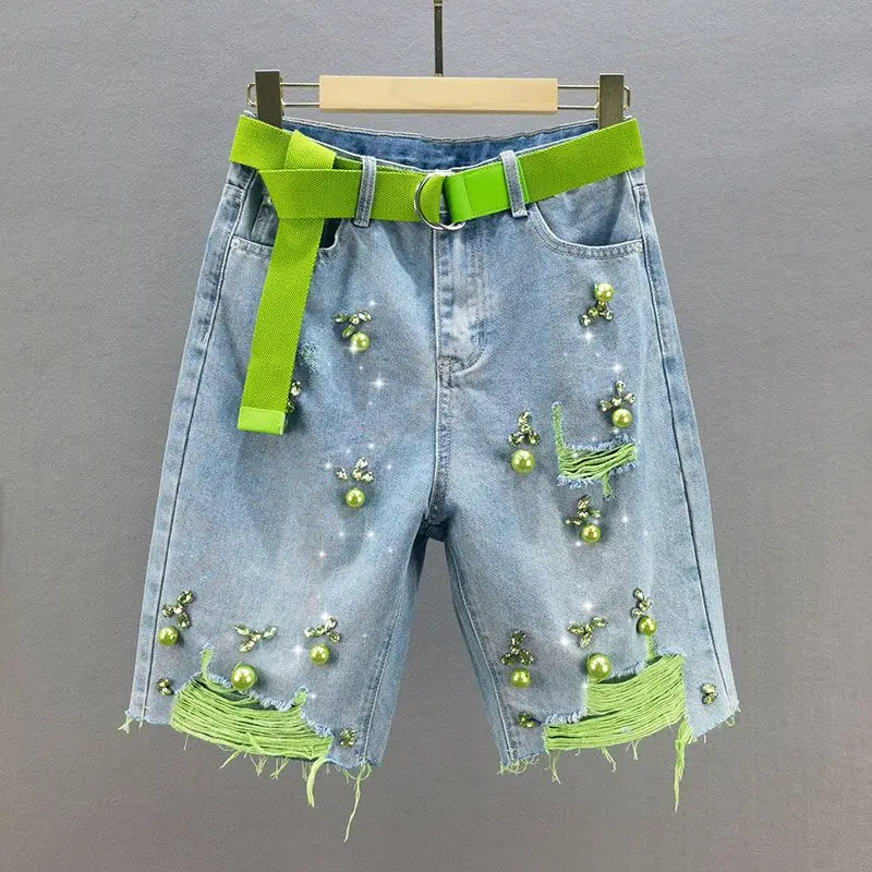 Fashionable And Personalized Diamond Pierced Denim Shorts Women's 2023 Summer New Loose High Waisted Studded Knee Length Pants