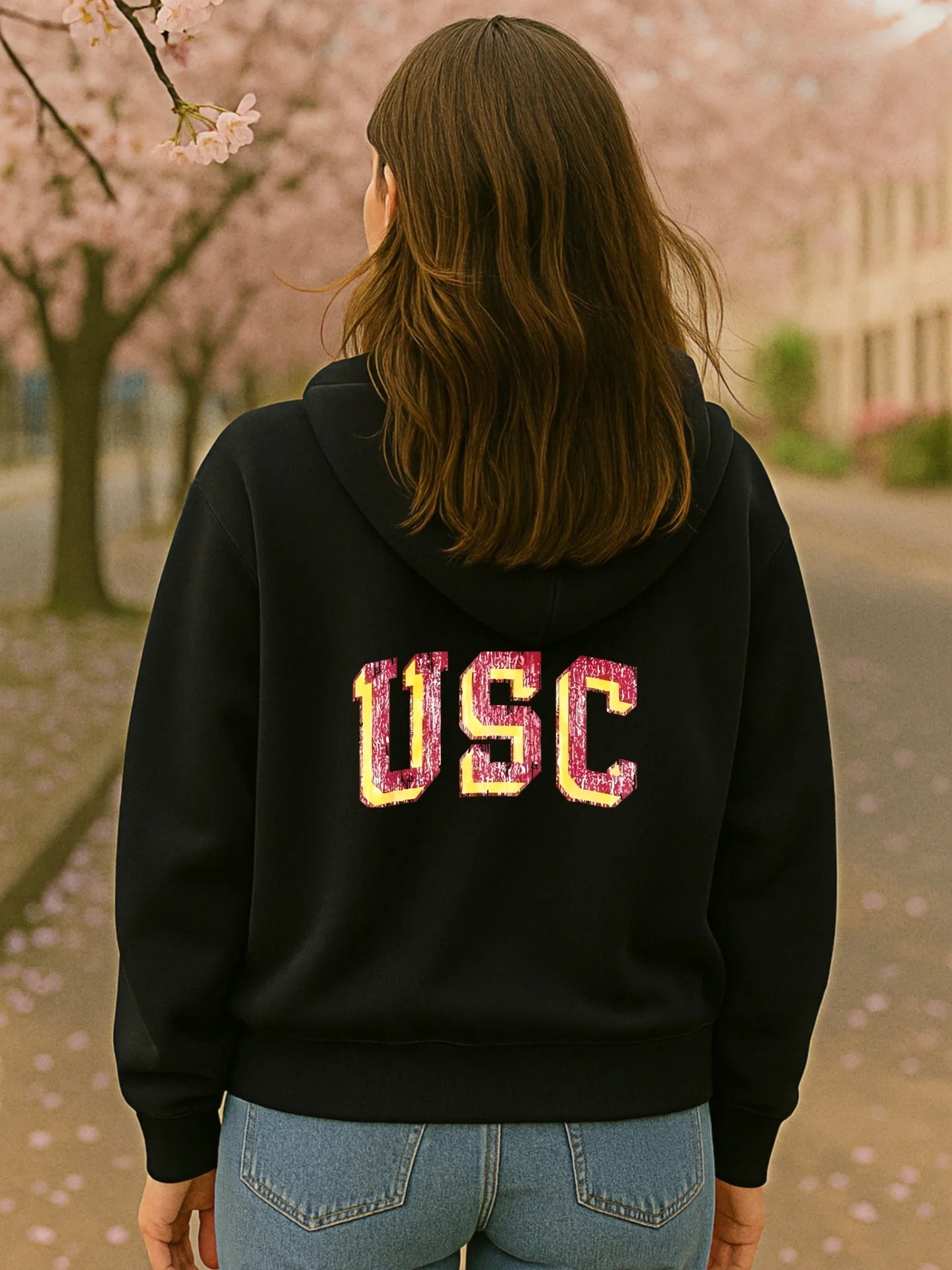 Essentiële hoodie met USC grafische print, streetwear-esthetisch, katoenmix, casual dagelijkse kleding, voor studenten