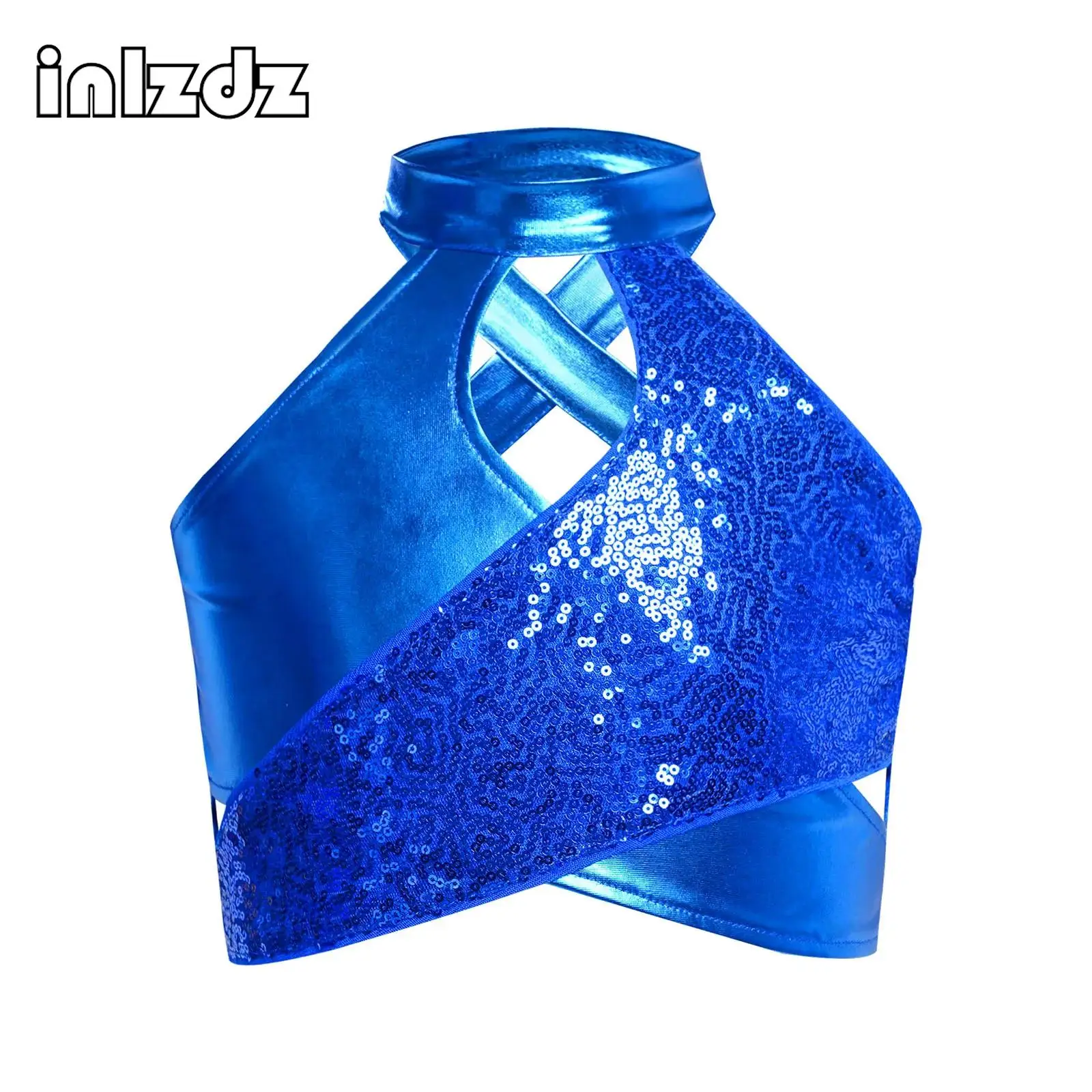 

Kids Girls Jazz Latin Ballroom Dance Crop Top Costume Cross Keyhole Sparkly Sequins Metallic Top Stage Performance Dancewear