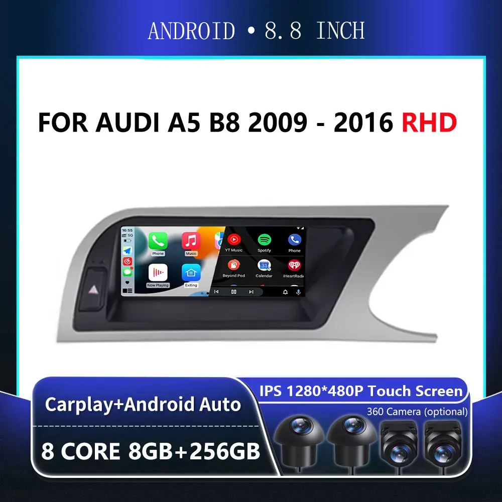 RHD 8.8 Inch Android Touch Screen For Audi A5 B8 2009 2010 - 2016  Car Carplay Monitor Stereo Speakers Radio Multimedia Player 