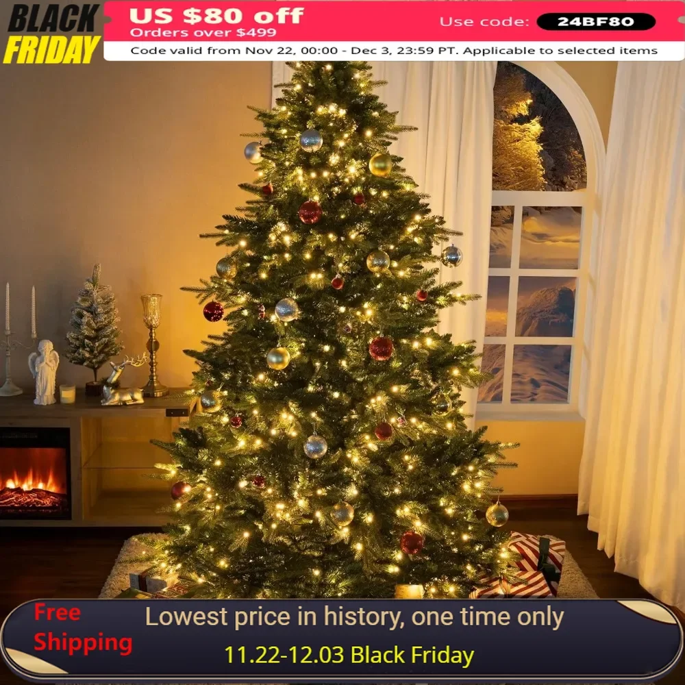 7.5ft Christmas Tree with 3661 Branch Tips, 800 Warm Lights and Metal Stand, 60